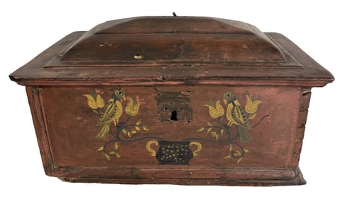 19THC PAINT DECORATED DOVE TAILED BOX IN SALMON WITH YELLOW PARROTS 10 1/2" X 18" X 11 1/4"