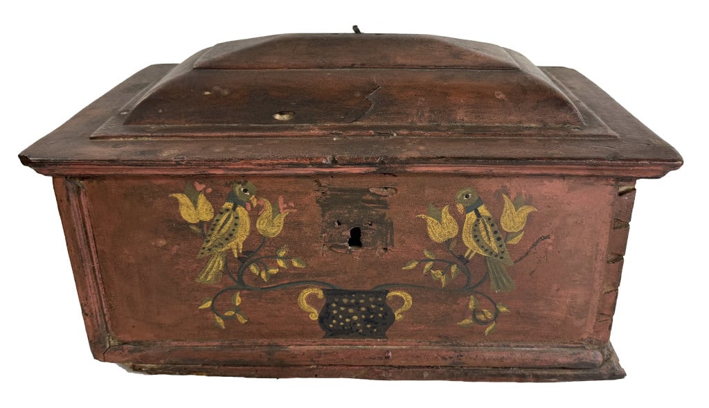 19THC PAINT DECORATED DOVE TAILED BOX IN SALMON WITH YELLOW PARROTS 10 1/2" X 18" X 11 1/4" (1 of 6)