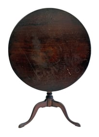 TILT TOP SNAKE LEG TEA TABLE IN OLD RED, VARNISHED TOP: 32" DIAM X 26 3/4" TALL