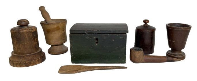 GROUP OF TREEN INC. PAINTED BOX, PIPE, COVERED JAR & MORTAR & PESTLE, ETC.