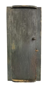 GREEN PAINTED HANGING WALL CUPBOARD W/ CONVEX DOOR & SHELVES 40 1/2" X 19" X 6"