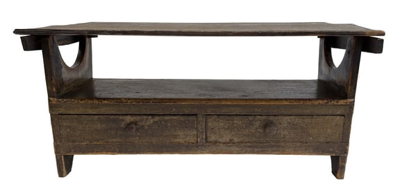 EARLY HUTCH TABLE WITH TWO BOARD TOP IN OLD SURFACE 27" TALL X 58 3/4" X 32 3/4"  & 46" TALL W/ TOP