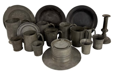 LG GROUP OF EARLY METAL WARE, INC. PEWTER INKPOT, MUGS, BEEKERS, CANDLESTICKS, ETC.