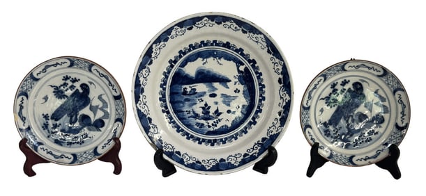 2 -18THC. DELFT PARROT PLATES & SCENIC CHARGER CHIPS & FRITTING PLATES 8 1/2' DIAM