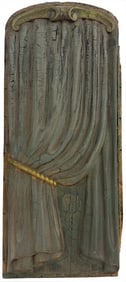 CARVED WOODEN "CURTAIN" FROM HORSE DRAWN HEARSE 19THC. IN PAINT 32 1/2" X 14"