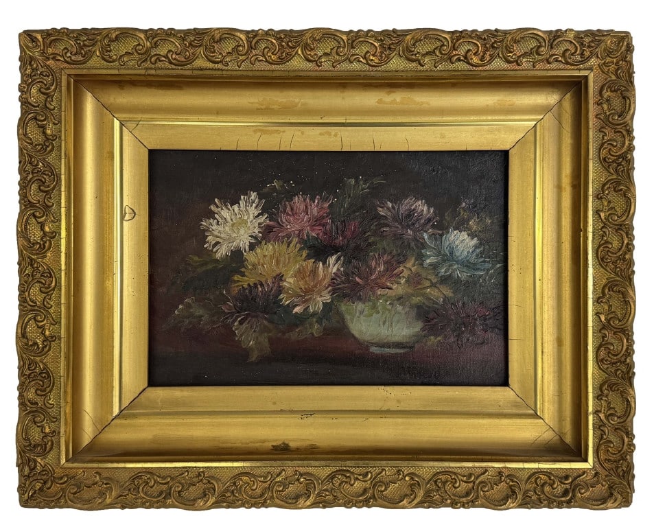 OIL/CANVAS AMERICAN SCHOOL FLORAL STILL LIFE 19THC. UNSIGNED 8" X 12": OIL/CANVAS AMERICAN SCHOOL FLORAL STILL LIFE 19THC. UNSIGNED 8" X 12"