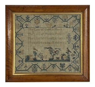 SCHOOL GIRL SAMPLER WITH PIOUS VERSE & SCENIC PANEL  14 1/2" X 15 7/8" OVERALL