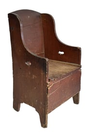 RED PAINTED PRIMITIVE "NECESSARY" CHAIR 34" X 20 1/2" X 17 1/2"