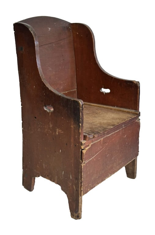 RED PAINTED PRIMITIVE "NECESSARY" CHAIR 34" X 20 1/2" X 17 1/2" (1 of 5)