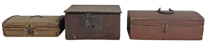 3 EARLY BOXES INC. HIDE COVERED, RED PAINTED & EARLY ENGLISH (RED BOX 13" LONG)