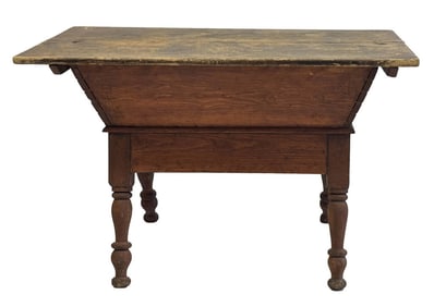 EARLY 19THC. DOVE TAILED DOUGH BOX IN OLD RED WASH 29" X 23 1/2" X 44 1/2"