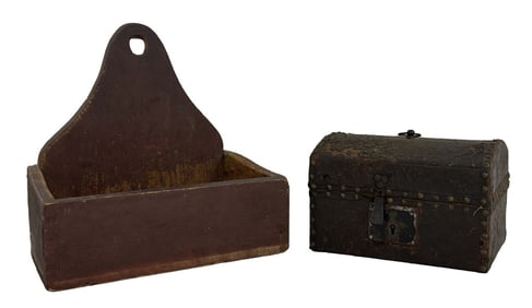 LABELED LEATHER COVERED BOX & RED WALL BOX WALL BOX 11 3/4" X 6 3/4" X 12"