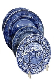 4- HISTORICAL STAFFORDSHIRE PLATES W/ AMERICAN SCENES, 2 PHILADELPHIA INC. VIEW NEAR & LIBRARY & 2