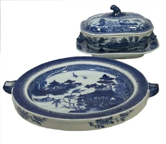 NANKING PORCELAIN HOT WATER PLATE & SAUCE TUREEN WITH UNDER PLATE   11" DIAM