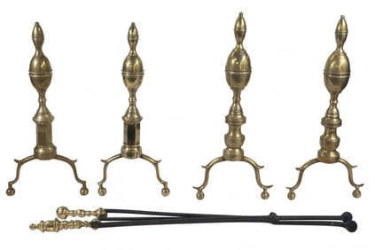 TWO PAIR OF DOUBLE LEMON TOP ANDIRONS & TOOLS 18" &  19 1/2' TALL