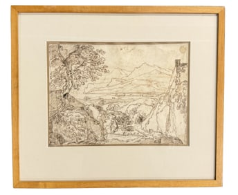 SEPIA INK ON PAPER, FERD. KOBELL (1740-1793) VIEW FROM ERICE, SICILY,   SITE SIZE 7 3/4" X 10 3/4"