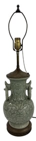 CELEDON GLAZED VASE LAMP WITH RING HANDLES 28" TALL