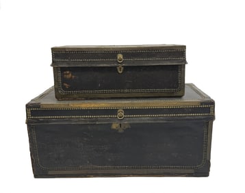 2 CHINA TRADE BRASS BOUND LEATHER COVERED CHESTS CAMPHORWOOD, LARGEST 15" X 35" X 18"