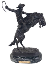 REPRO. BRONZE CASTING AFTER FREDERIC REMINGTON "BRONCO BUSTER" 14 1/2" X 9 1/2"