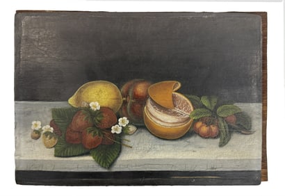 AMERICAN SCHOOL OIL/BOARD STILL LIFE OF FRUIT UNSIGNED 9" X 13"