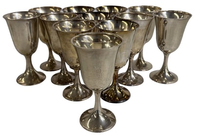 12 STERLING SILVER GOBLETS BY WALLACE, 6 5/8" TALL APPROX. 60 TROY OZ