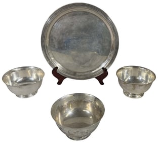 4 SILVER GOLF TROPHYS, 3 REVERE STYLE BOWLS & A TRAY LUNT WALLACE & 2 GORHAM APPROX. 44.4 TROY OZ