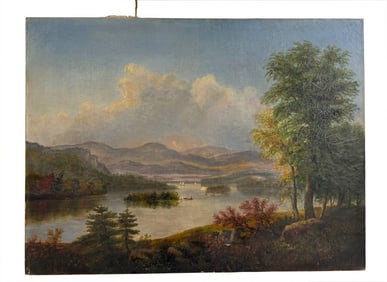 OIL/ CANVAS "AUTUMNAL HUDSON RIVER LANDSCAPE, UNSIGNED, UNFRAMED "NARROWS NEAR NEWBURGH" 18" X 24"
