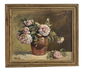 OIL/ CANVAS CARL RUGGLES STILL LIFE FLOWERS "PEONIES IN A COPPER JUG"  20" X 24"