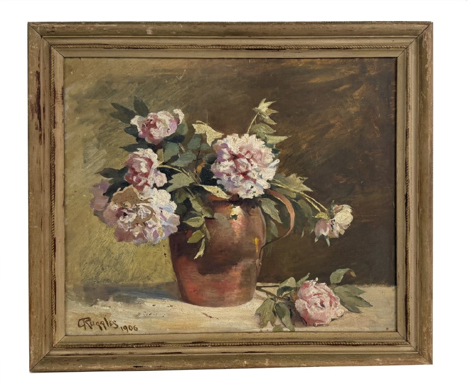 OIL/ CANVAS CARL RUGGLES STILL LIFE FLOWERS "PEONIES IN A COPPER JUG"  20" X 24" (1 of 8)