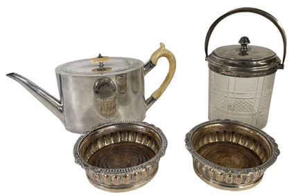 PR OF WINE COASTERS, ICE BUCKET & TEA POT
