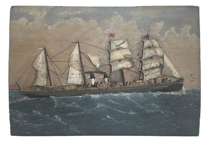 CARVED WOODEN SAIL STEAMER ON PANEL 19" X 27 3/4"