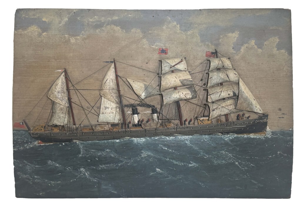 CARVED WOODEN SAIL STEAMER ON PANEL 19" X 27 3/4": CARVED WOODEN SAIL STEAMER ON PANEL 19" X 27 3/4"
