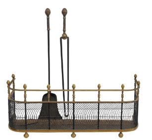 WIRE & BRASS FIRE FENDER / SPARK GUARD W/ PERIOD LEMON TOP FIRE TOOLS 36 1/2" WIDE