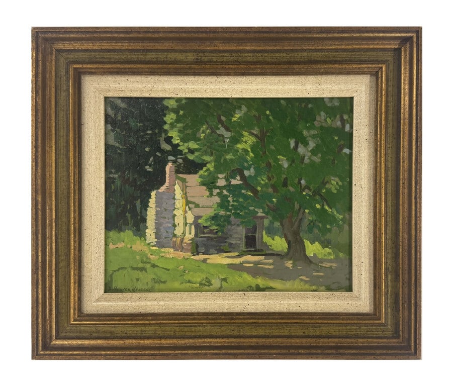 OIL / BOARD BESSIE HOOVER WESSEL "THE LOG CABIN" 1930 (1889-1973) 8" X 10": OIL / BOARD BESSIE HOOVER WESSEL "THE LOG CABIN" 1930 (1889-1973) 8" X 10"