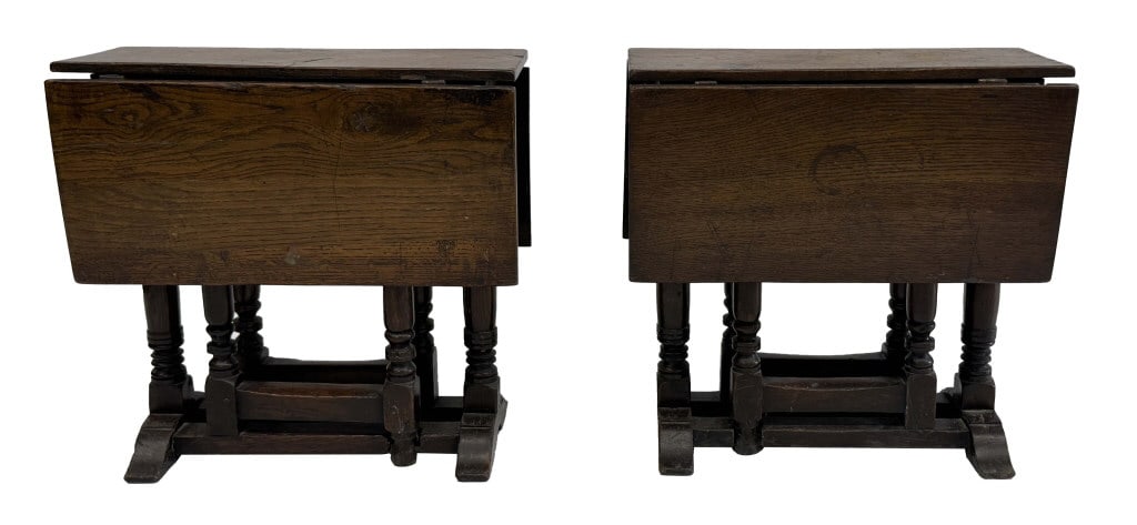 TWO SMALL ENGLISH GATE LEG STANDS 20" X 20" X 8 1/2" (26 1/4" OPEN) (1 of 6)