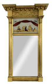 FEDERAL PERIOD LOOKING GLASS W/ EGOLMISE PANEL 34" X 19" OVERALL