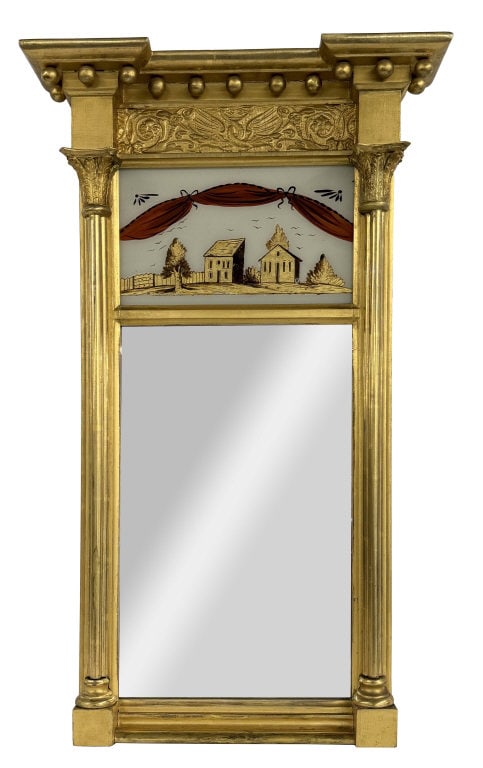 FEDERAL PERIOD LOOKING GLASS W/ EGOLMISE PANEL 34" X 19" OVERALL (1 of 4)