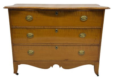 19THC. TIGER MAPLE LATE HEPPLEWHITE CHEST 34" TALL X 42" W X 20 3/4" CARCASS