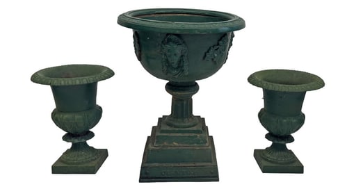 3 CAST IRON GARDEN URNS, JENNY LIND MARKED CLINTON & TWO SM CLASSICAL URNS, JENNY: 30 1/2" X 24" & 2