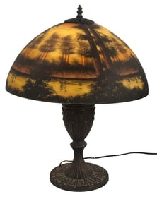REVERSE PAINTED SCENIC SHADE & LAMP, UNSIGNED 17 3/4" DIAM