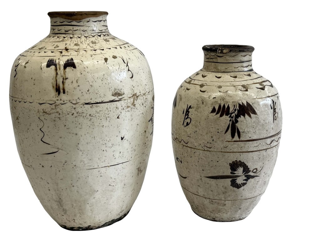 TWO EARLY MEDITERREAN GLAZED EARTHENWARE JUGS W/ MANGANESE DECORATED  20" TALL & 25" TALL (1 of 11)