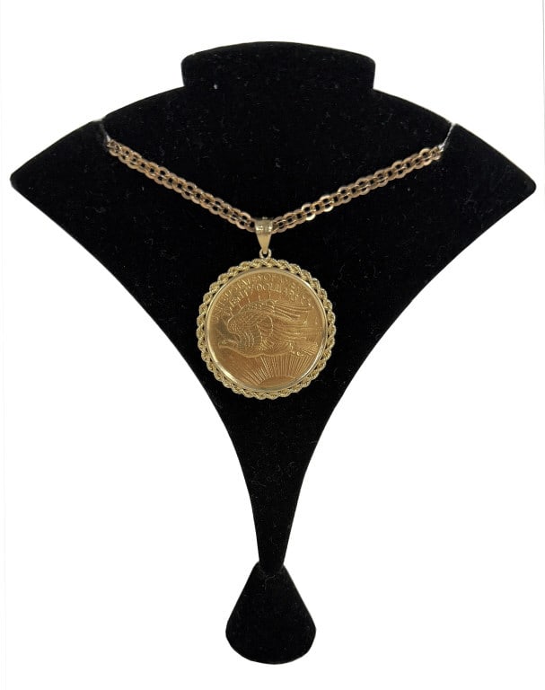 $20 DOUBLE EAGLE 1908 AMERICAN COIN IN 14KT GOLD FRAME & NECKLACE 1.57 TROY OZ