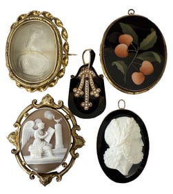 5 PCS VICTORIAN JEWELRY, PIETRA DURA BROOCH, CAMEO INTAGLIO CRYSTAL CAMEO, BLACK & WHITE CAMEO, ONYX