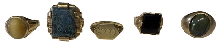 5 - 10KT YELLOW GOLD RINGS, 5 WITH SEMI PRECIOUS STONES  RING SIZES RANGE FROM 8 - 11 1/2 23.1 DWT