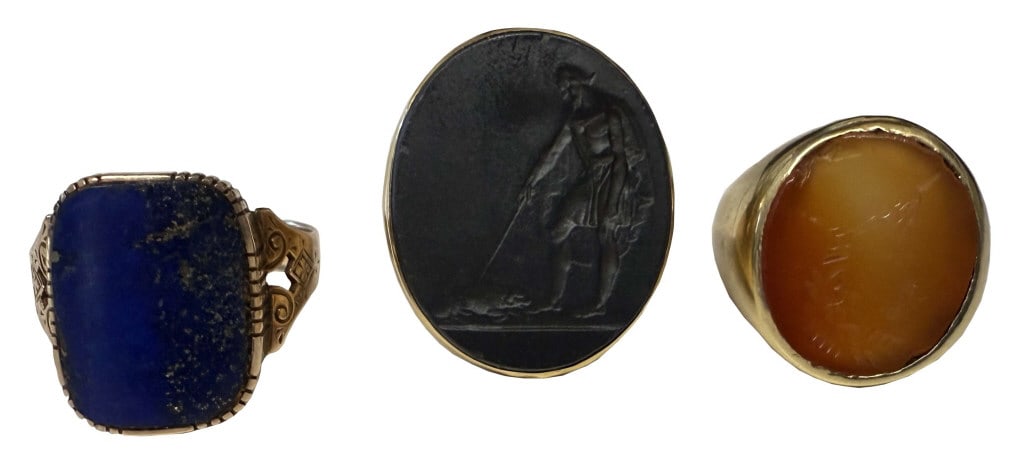 3 - 14KT GOLD ANTIQUE MENS RINGS, 2 INTAGLIO CUT STONES & 1 LAPIS   APPROX. 26.6 DWT (1 of 15)