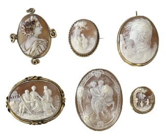 6 SHELL CARVED CAMEOS IN 14KT & 9 KT GOLD FRAMES ASST'D SIZES