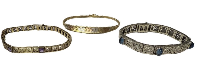 3 - 14KT GOLD BRACELETS, 2 W/ STONES,1 MULTICOLOR GOLD MARKED ITALY  APPROX. 18.5 DWT