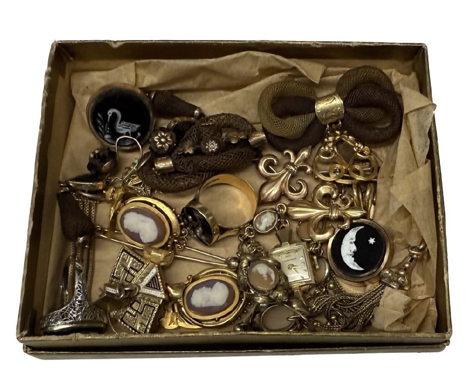 GREAT GROUP OF VICTORIAN JEWELRY INC. ENAMEL, HAIR GOLD, CAMEO, SEED PEARL, 18KT, 14KT, 10 KT,  ETC. (1 of 6)