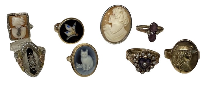 8 EARLY RINGS, PIETRA DURA BUTTERFLY, SEED PEARL, CAMEO, ETC.