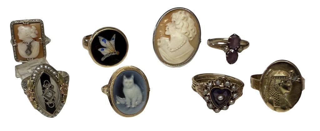 8 EARLY RINGS, ENAMEL BUTTERFLY, SEED PEARL, CAMEO, ETC. (1 of 5)